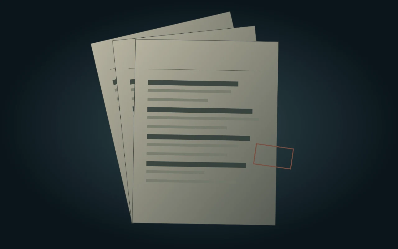 Ilustración de documentos de archivo con fragmentos ocultos.