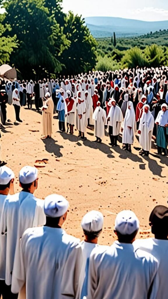 Gente reunida frente a la gran cruz de piedra