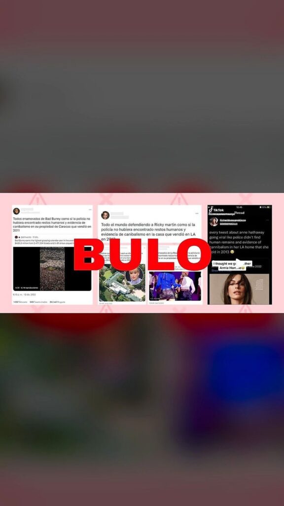 No, la policía no ha encontrado "restos humanos y evidencia de canibalismo" en propiedades de famosos como Bad Bunny, Rosalía o Taylor Swift: es un 'meme' que circula al menos desde junio de 2022 - Maldita.es