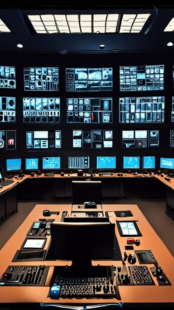 Centro de control de seguridad nacional con pantallas y datos.