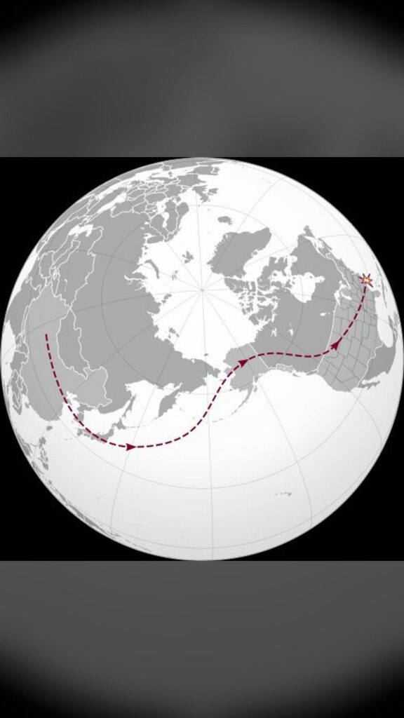 A map of the world, showing a snaking line from the middle of China, across the Pacific Ocean, through Alaska and Canada, and into the northwestern United States