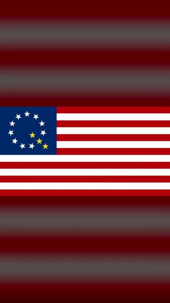 A modified version of the American flag with ten white stars and three gold stars forming a letter Q in the canton