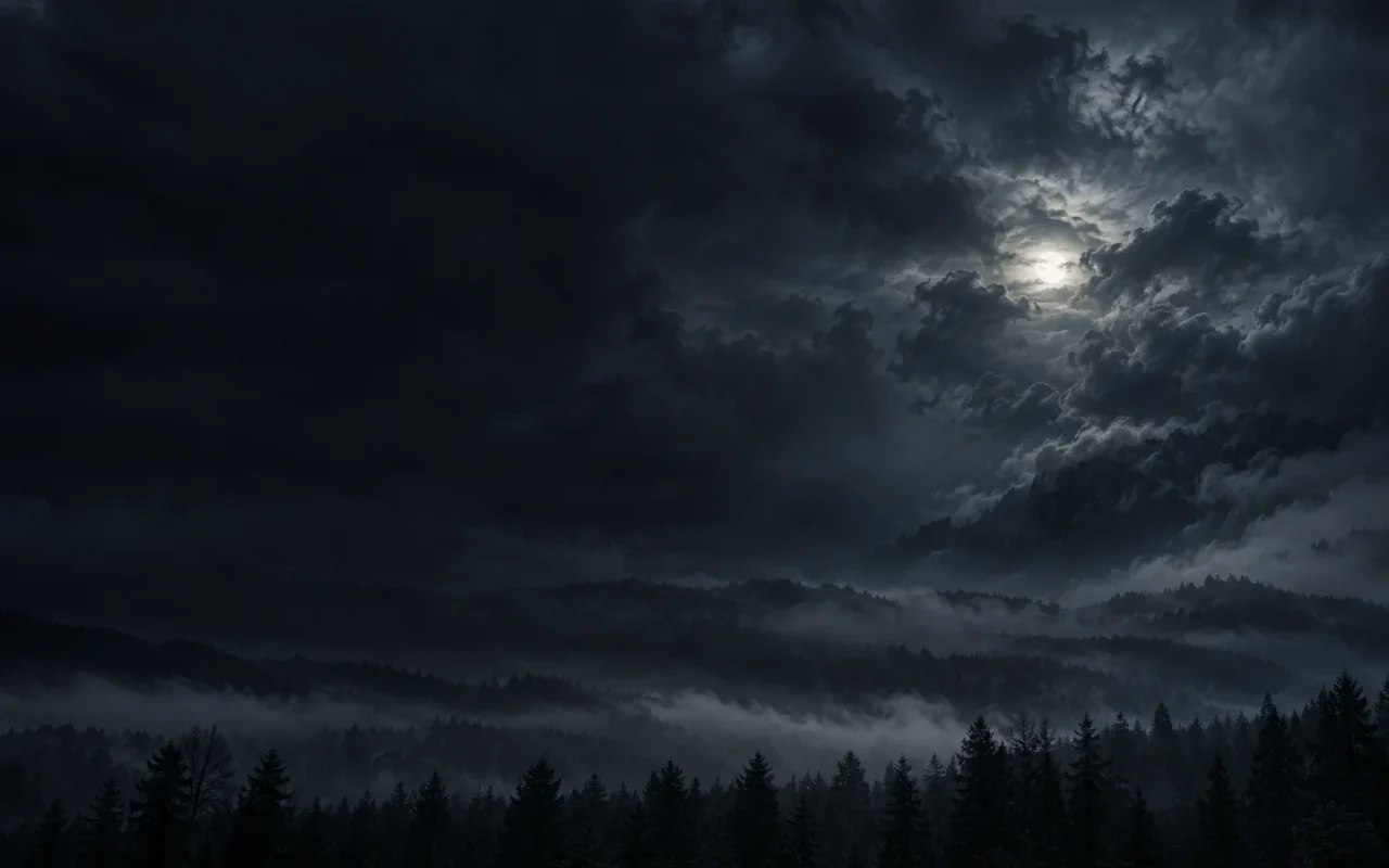Recreación artística de un bosque nocturno bajo nubes y niebla.