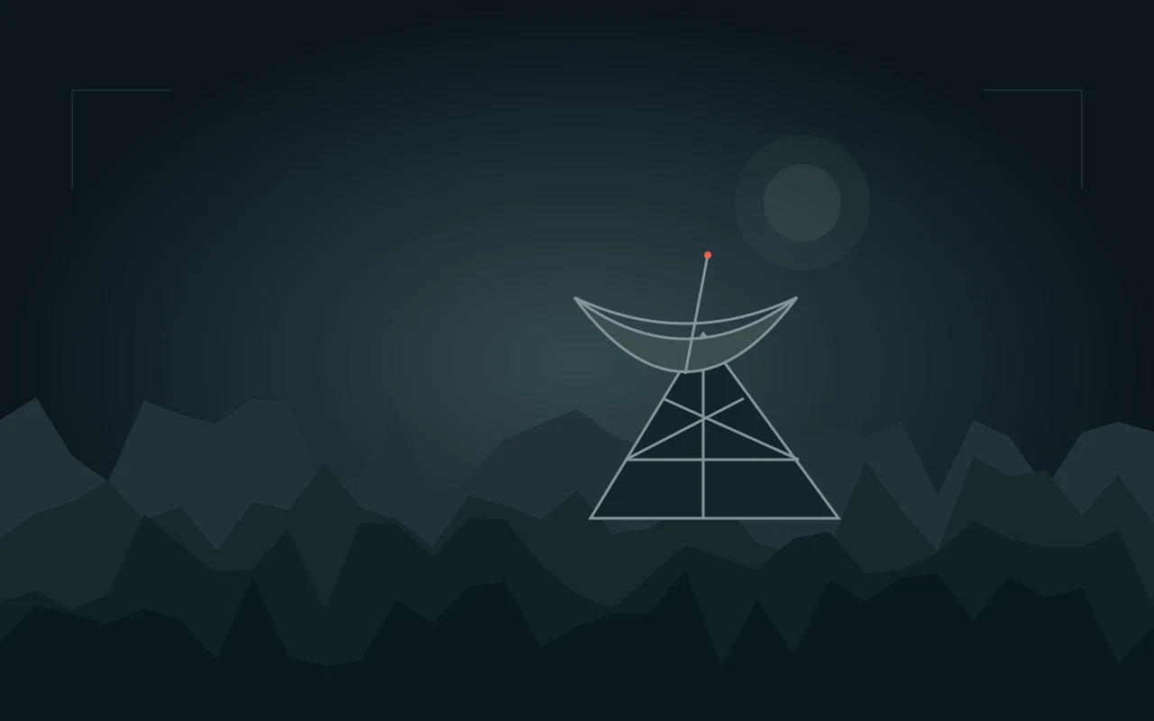 Ilustración de un radiotelescopio entre montañas al anochecer.
