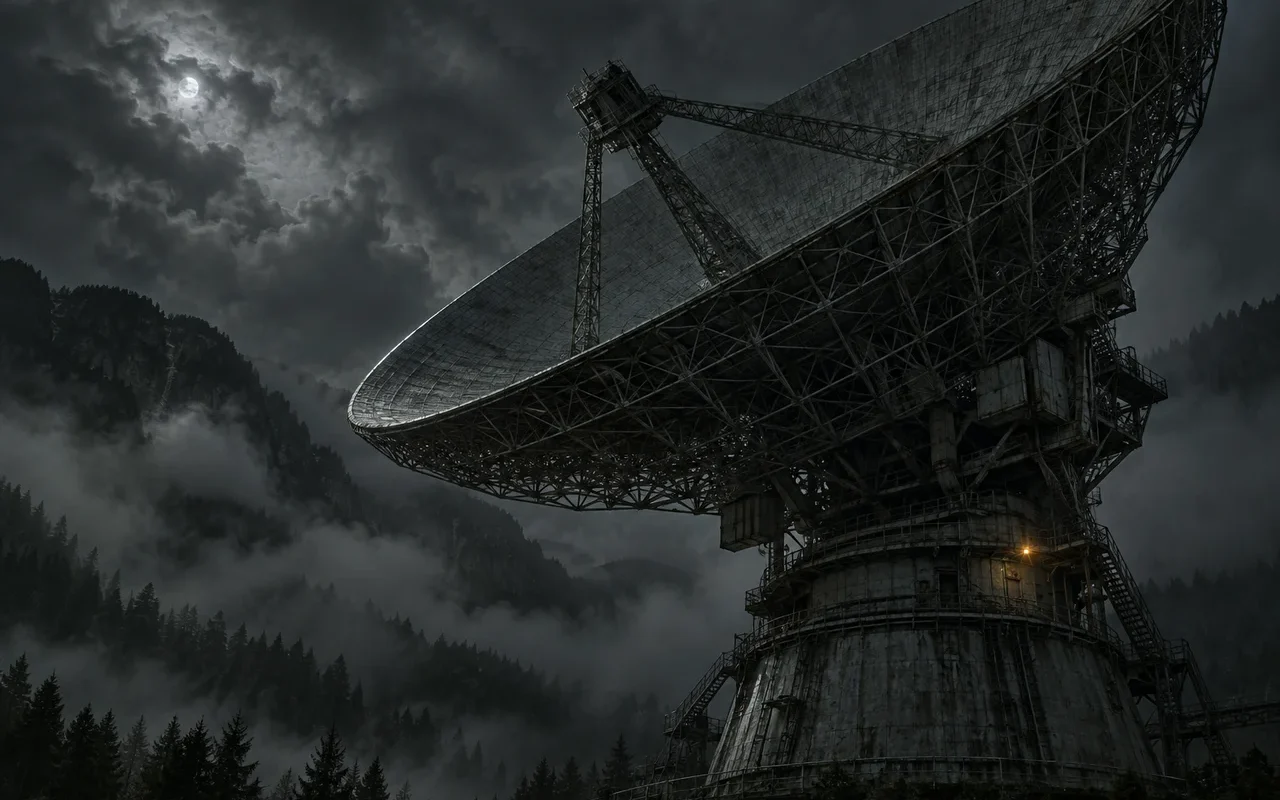 Recreación artística de un radiotelescopio iluminado por la luna.